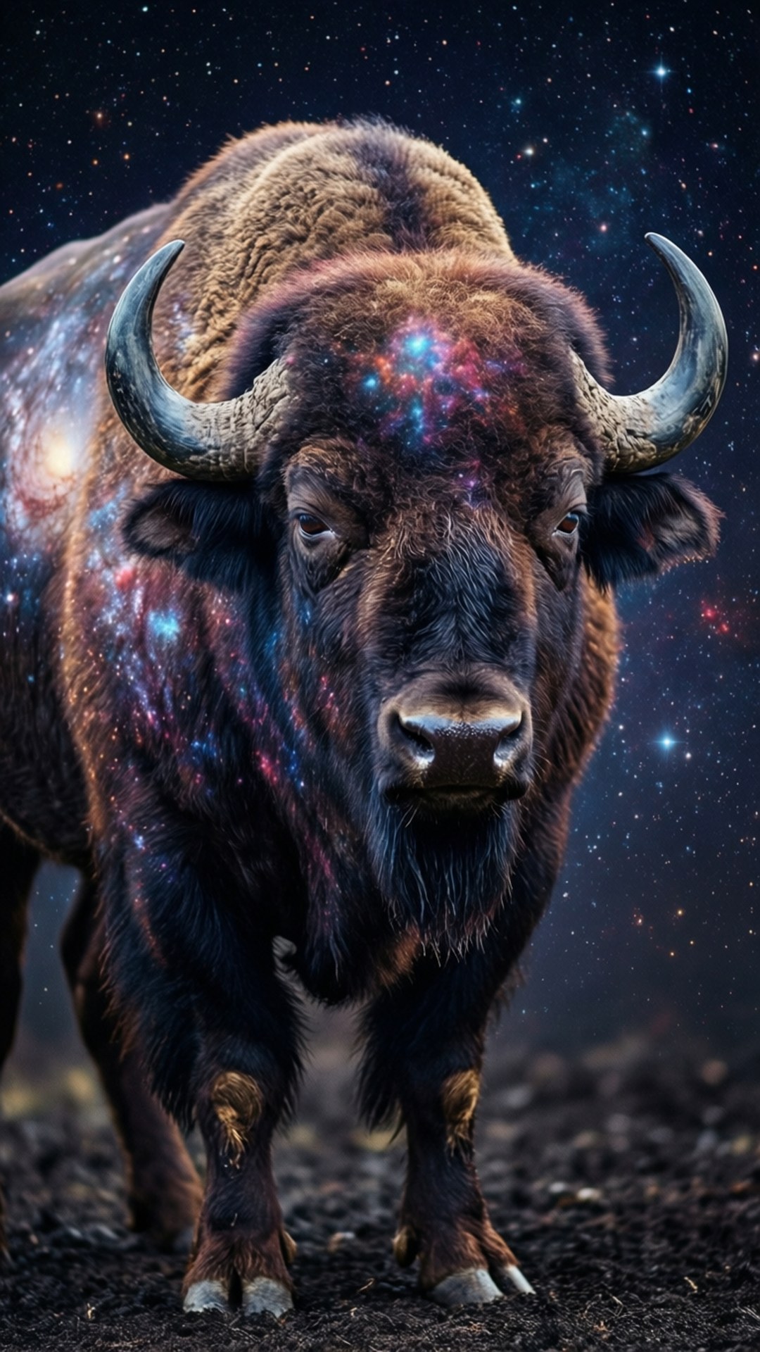 一頭皮毛和角上有銀河圖案的野牛站在黑暗的土地上，背景是繁星點點的夜空。