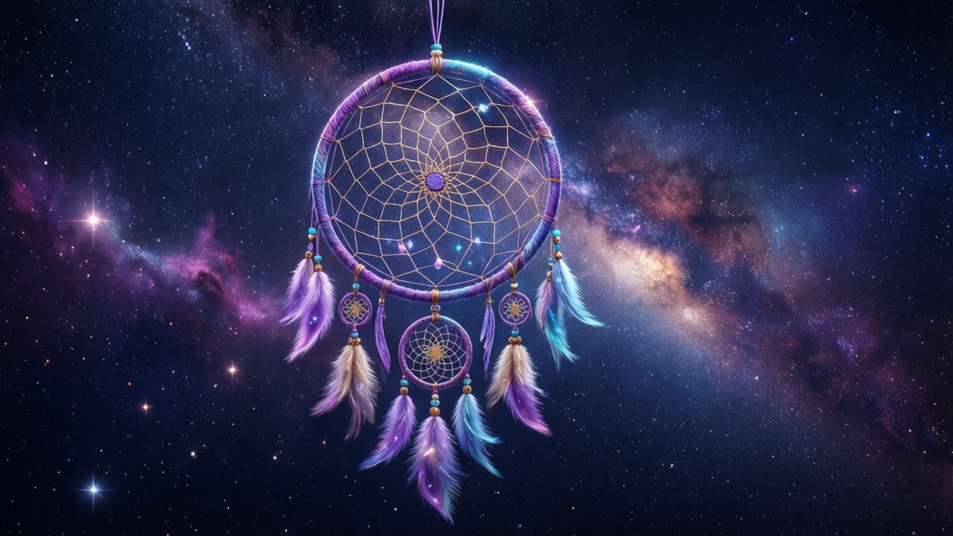 一個帶有紫色羽毛的捕夢網漂浮在繁星點點的宇宙星雲中。