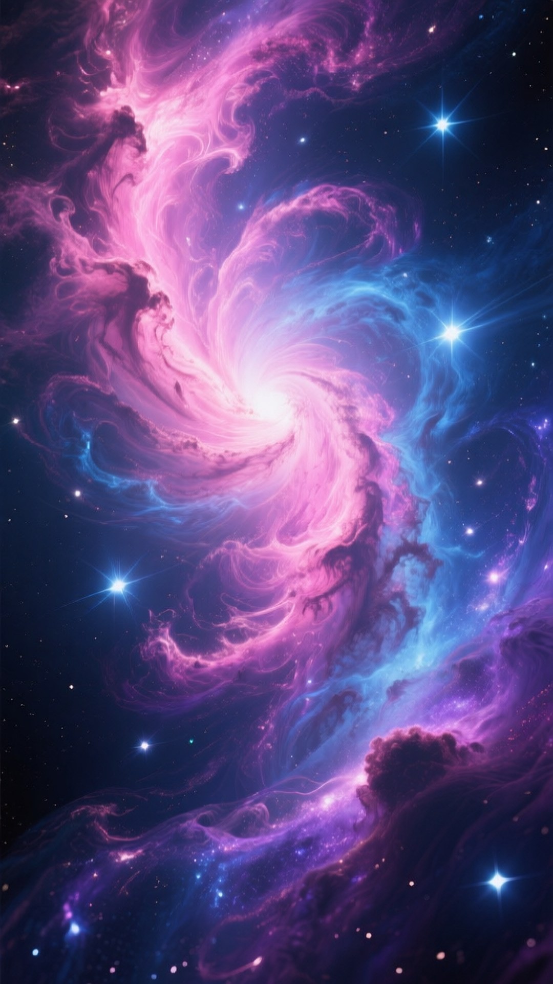 充滿活力的粉紅色和藍色宇宙星雲，在黑暗的太空場景中與明亮的星星一起旋轉