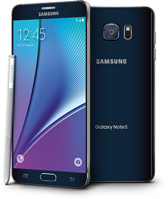 三星 Galaxy Note5 宣傳圖 壁紙 — 一部時尚的三星 Galaxy Note5 智能手機，前後展示，附有 S Pen，背景為純白色。