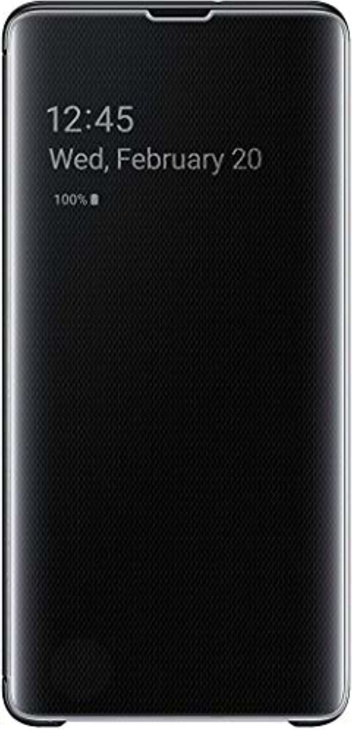 Galaxy S10 的美學 壁紙 — 黑色紋理智能手機翻蓋保護殼透過透明窗口顯示時間、日期和電池百分比。