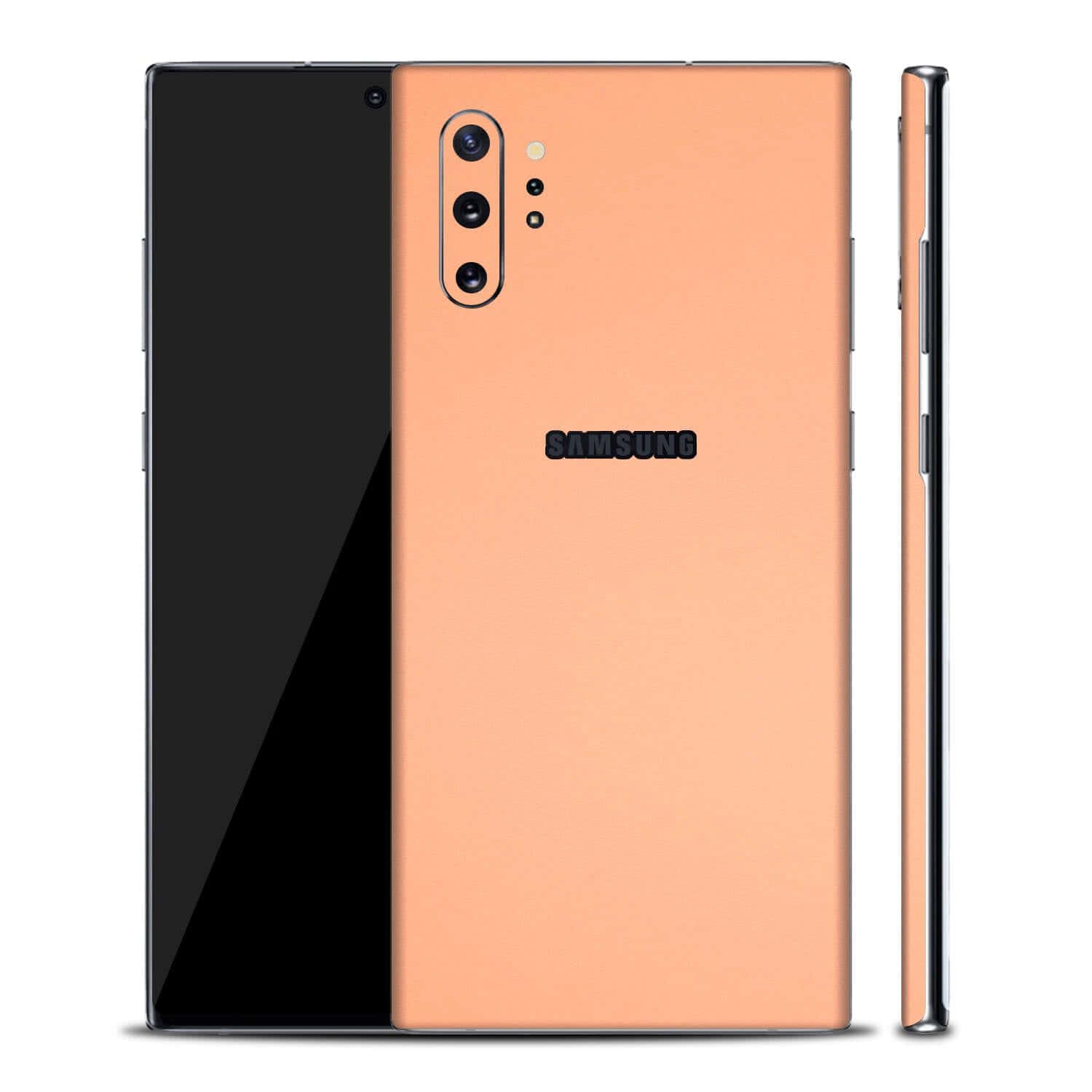 三星Galaxy S10的革命性相機 壁紙 — 一款纖薄的Samsung智能手機，從正面、背面和側面角度展示，帶有啞光蜜桃色背面和亮黑色正面。