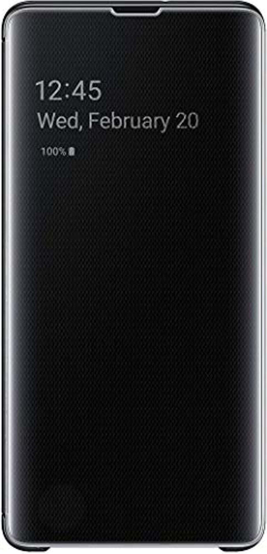 黑色紋理手機殼顯示時間、日期和電池狀態。
