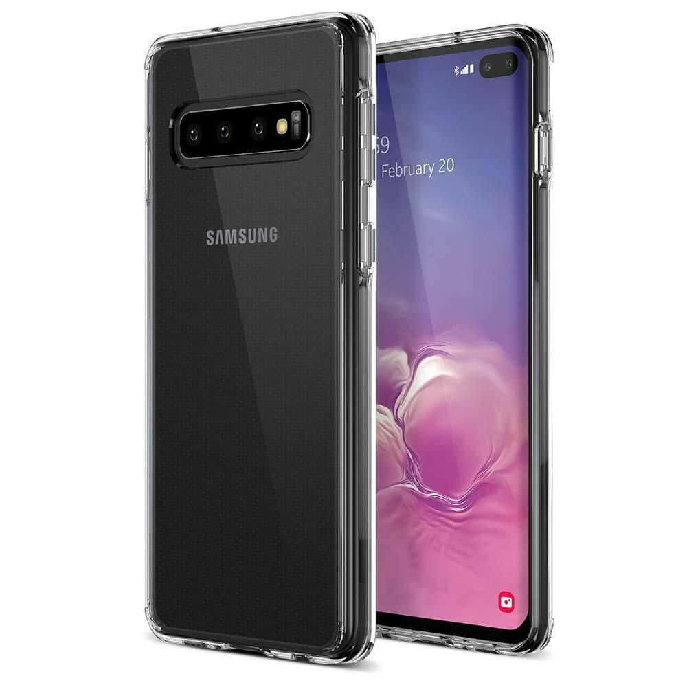 黑色Samsung Galaxy S10放在透明殼中，顯示彩色螢幕