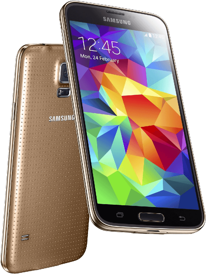 三星 Galaxy S5 智慧手機顯示畫面 壁紙 — 金色三星智能手機，前後展示，屏幕上帶有彩色幾何壁紙。