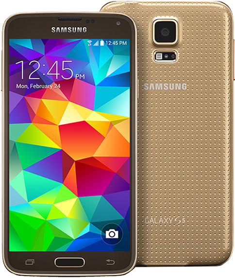 三星 Galaxy S5 智慧手機 壁紙 — 金色 Samsung Galaxy S5 智能手機，正面和背面顯示，屏幕上帶有彩色幾何壁紙。