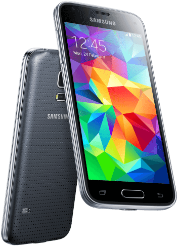 三星Galaxy S5手機顯示 壁紙 — 黑色Samsung智能手機正面和背面展示，屏幕上帶有充滿活力的幾何壁紙。
