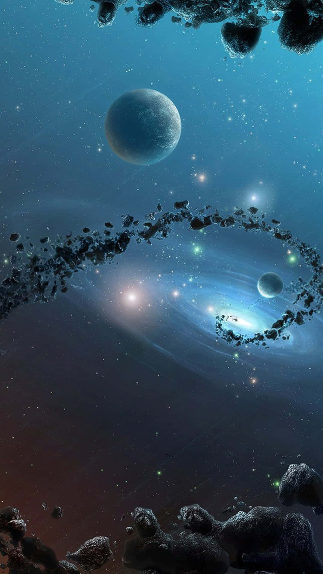 一個充滿活力的宇宙場景，螺旋星系、小行星和行星位於繁星點點的藍色和紅色星雲中。