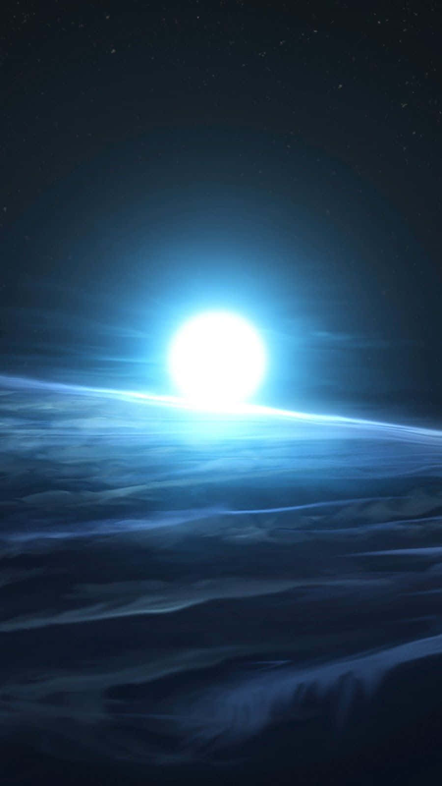 外星行星，藍色太陽從海洋上升起，星空背景