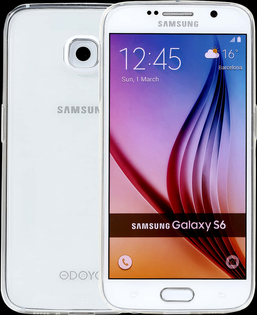 三星Galaxy S6手機顯示 壁紙 — 白色Samsung Galaxy S6智能手機正面和背面展示，屏幕上帶有充滿活力的抽象壁紙。