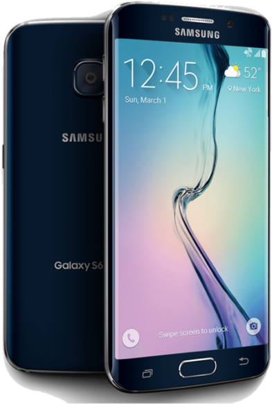 三星Galaxy S6智慧型手機顯示 壁紙 — 時尚深藍色 Samsung Galaxy S6 智能手機，前後展示，配備弧形玻璃設計和充滿活力的漸變壁紙。