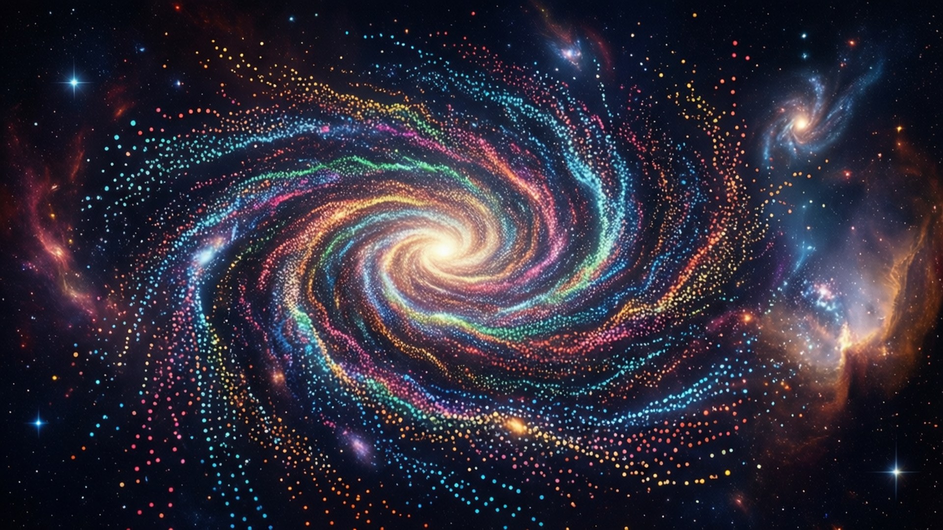 一個色彩繽紛的螺旋星系，在深空中擁有旋轉的旋臂和明亮的恆星