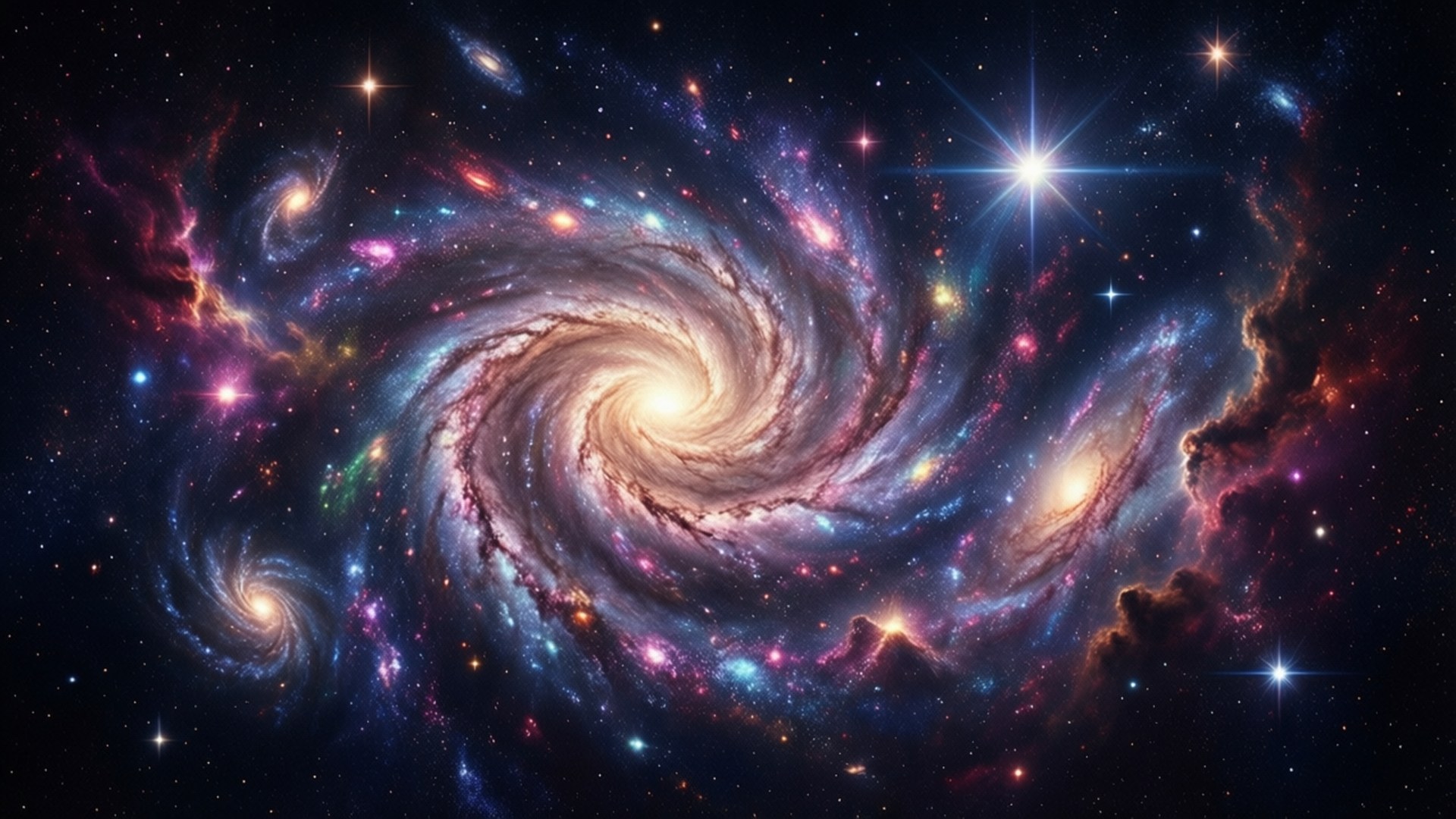 一個旋轉的螺旋星系，充滿了恆星和色彩繽紛的宇宙雲，在深空中。