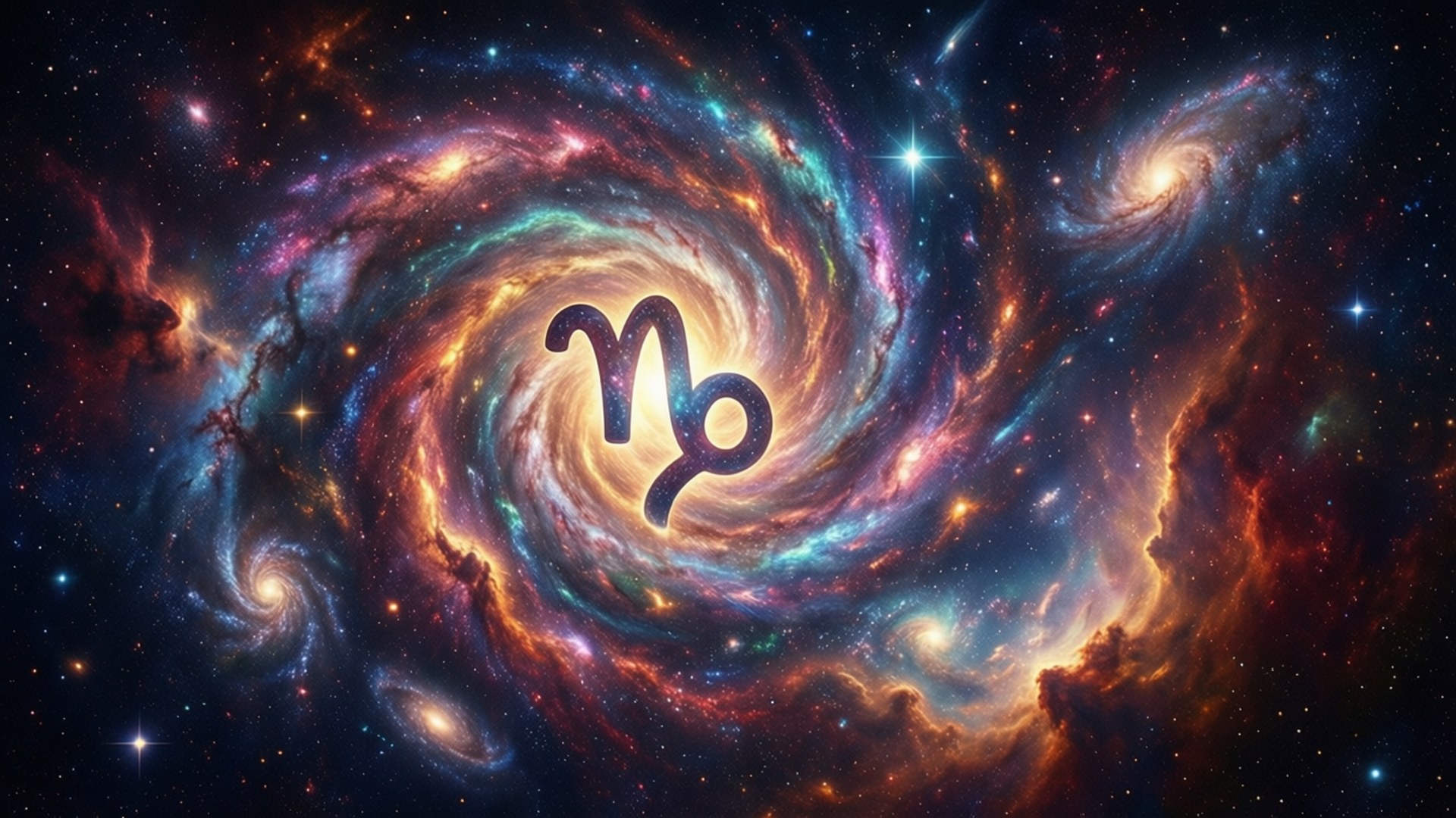 摩羯座星座符號在色彩繽紛的宇宙星雲中發光，伴有旋轉的星系和恆星