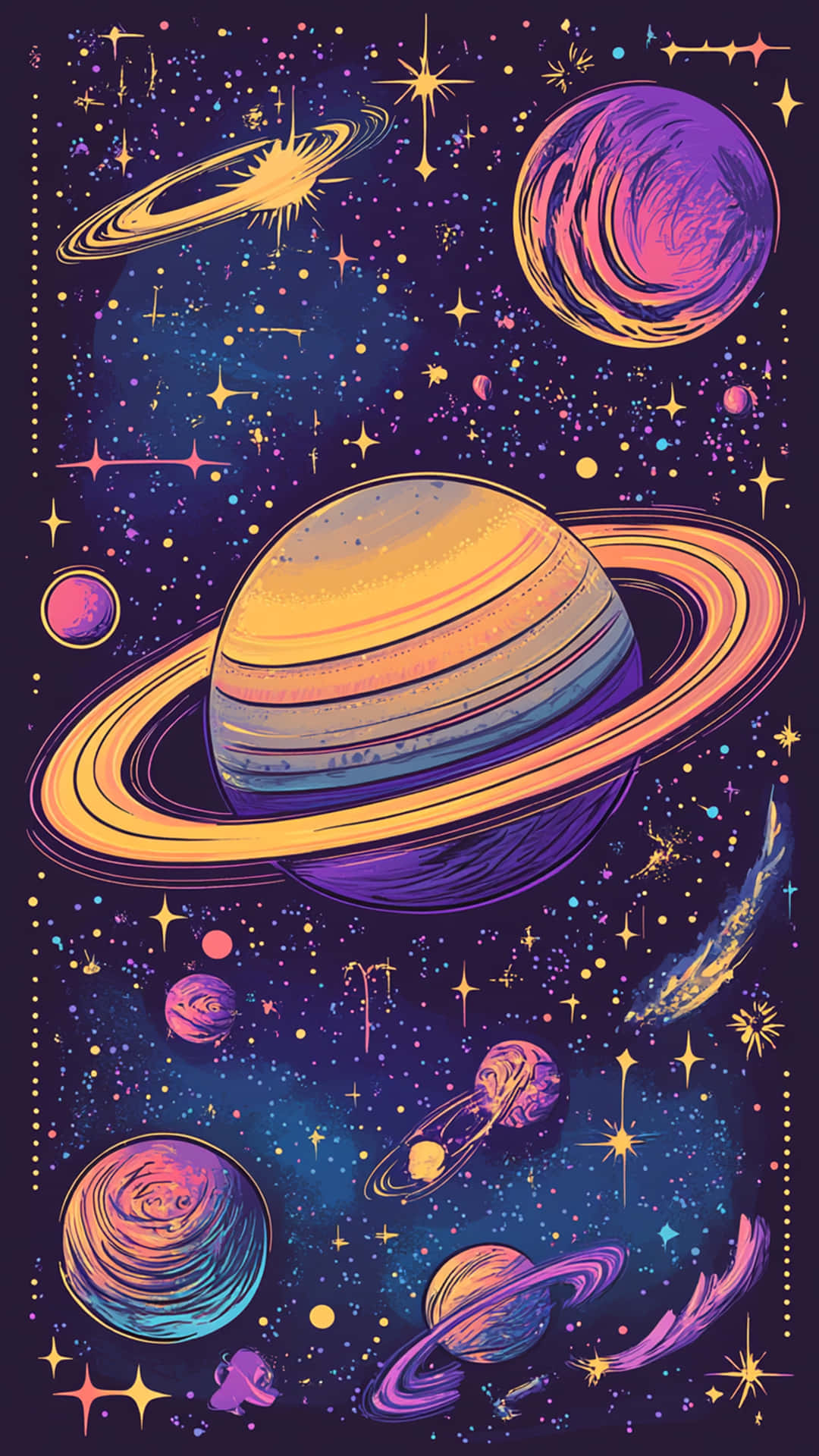 充滿活力的宇宙插圖，在黑暗太空中呈現色彩繽紛的行星、環和星星，帶有霓虹色調。
