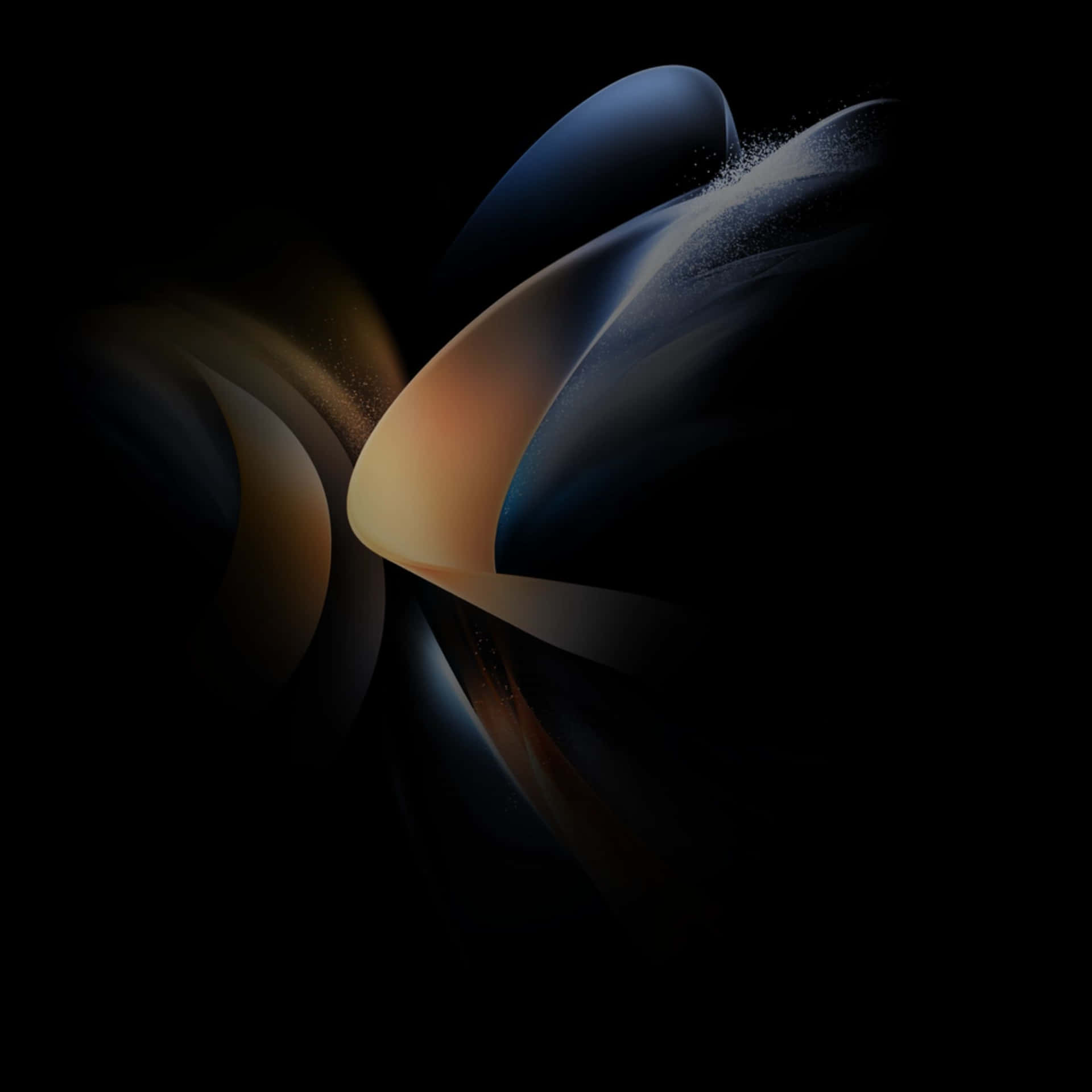 Galaxy Z Fold 7 預告設計 壁紙 — 抽象數位藝術，黑色背景上流動的藍色和金色絲帶，帶有發光粒子。