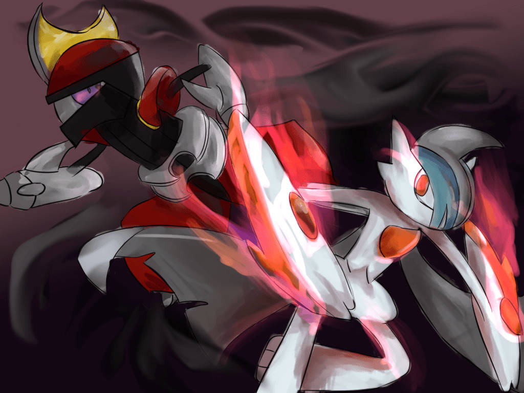 Gallade 與 Bisharp 對戰 壁紙 — 兩隻動漫風格嘅Pokémon喺黑暗煙霧背景中，用發光嘅紅色能量動態碰撞。