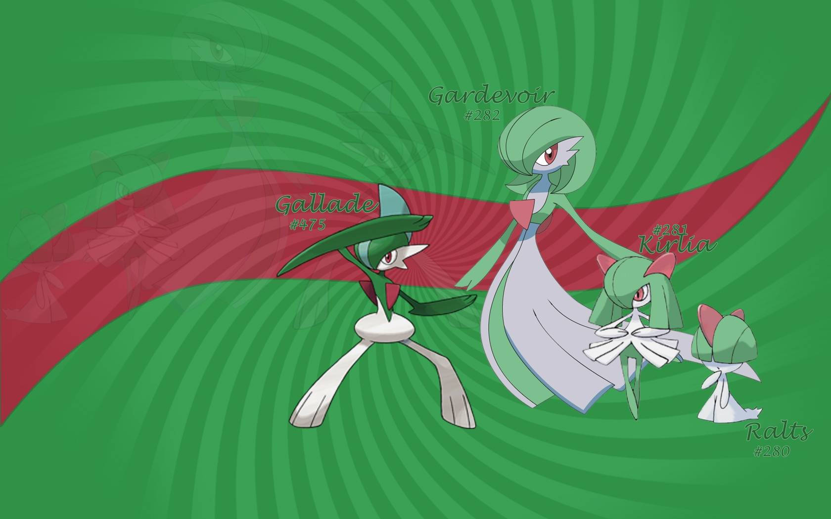 四隻動畫風格嘅寶可夢角色，名叫 Gallade、Gardevoir、Kirlia 同 Ralts，一齊擺甫士。