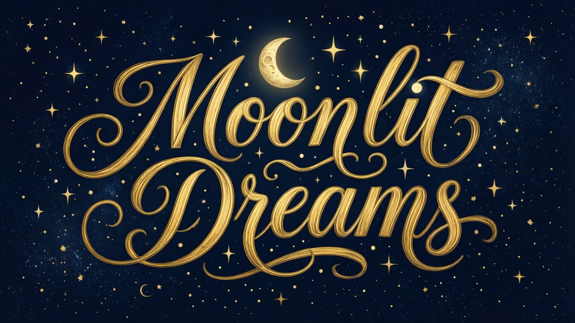 Moon Free 桌布 壁紙 — 金色草書文字 'Moonlit Dreams' 在繁星點點的夜空與新月下閃耀。