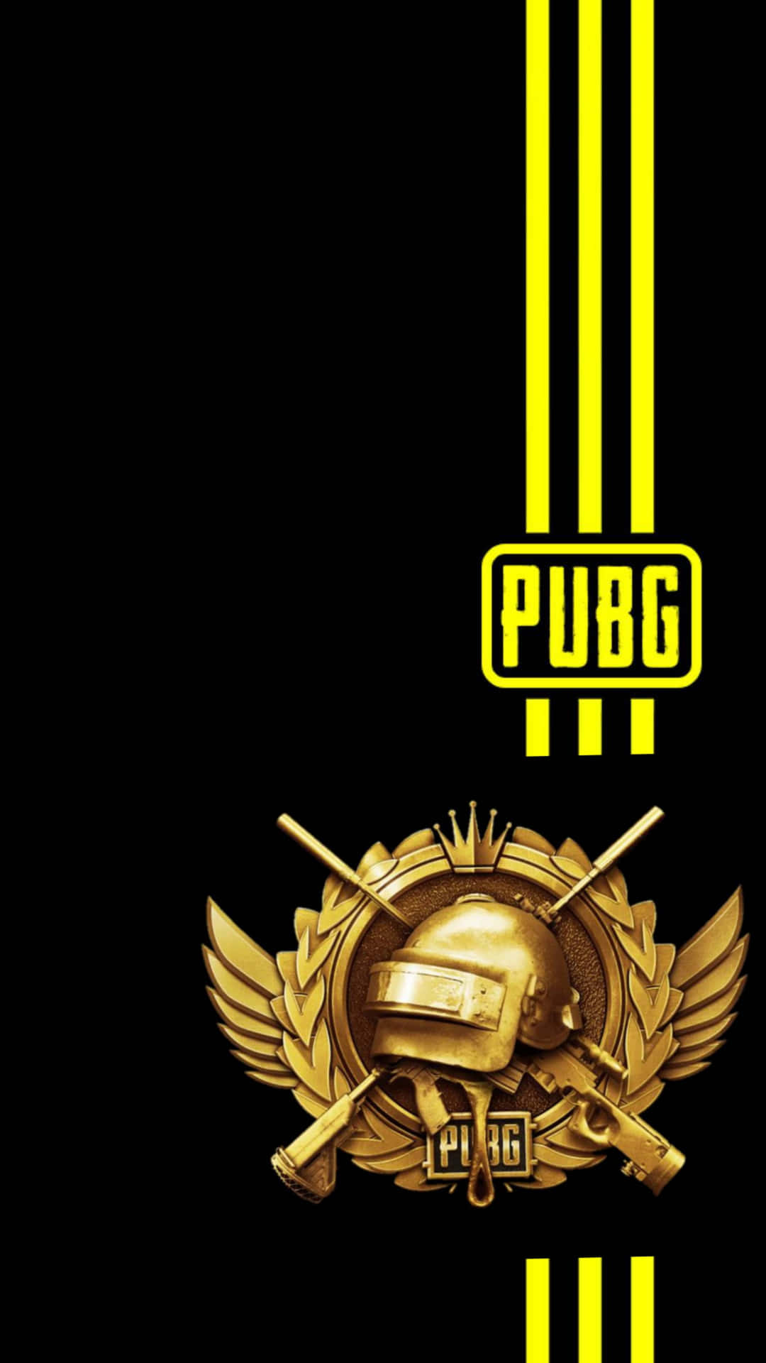  壁紙 — 金色PUBG標誌及頭盔徽章，黑色背景配黃色條紋。