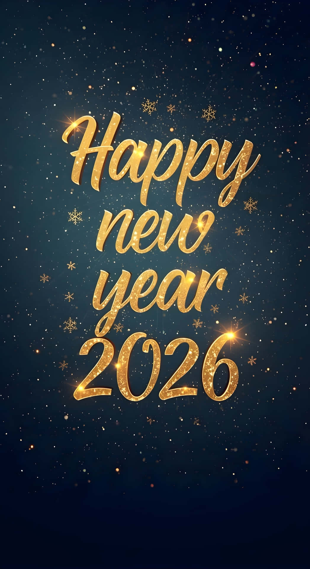  壁紙 — 金色閃爍的「Happy New Year 2026」文字在深藍色星空背景中閃耀，並帶有雪花點綴。