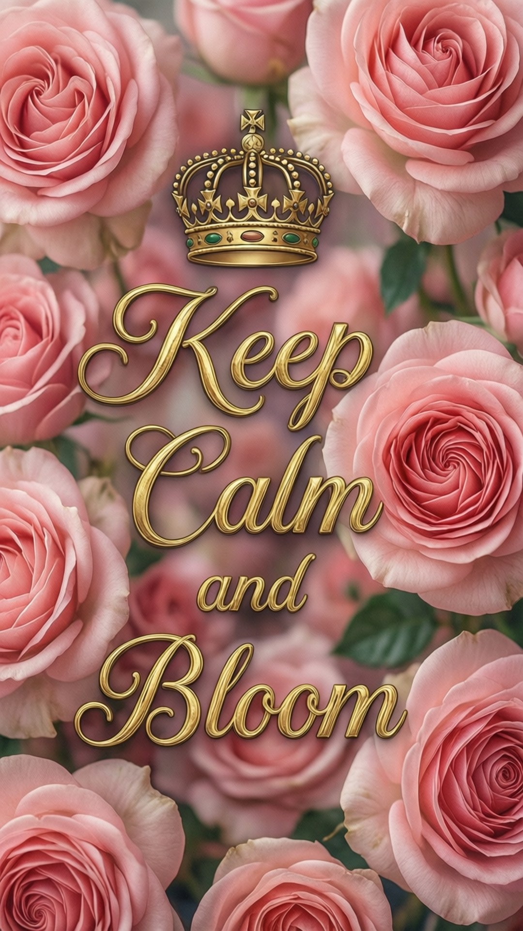 keep 桌布 壁紙 — 金色皇冠和斜體「Keep Calm and Bloom」文字漂浮在茂盛的粉紅玫瑰之上，呈現出華麗的花卉設計。
