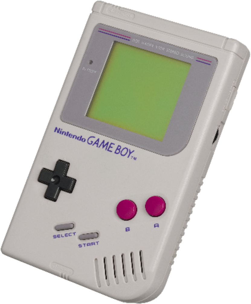 經典任天堂Game Boy 壁紙 — 白色任天堂Game Boy，綠色屏幕和粉紅色按鈕，傾斜放置在黑色背景上。