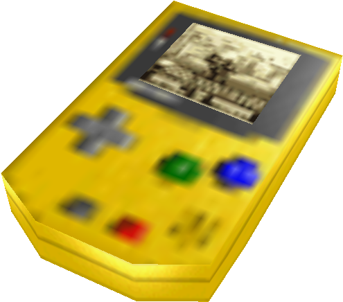 黃色Game Boy經典模糊背景 壁紙 — 一部亮黃色的 Game Boy，帶有棕褐色調的屏幕，顯示像素化的遊戲場景。