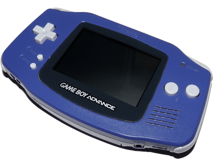 藍色 Game Boy Advance 壁紙 — 藍色 Game Boy Advance 手提遊戲機，配備白色按鈕和黑色屏幕，背景為純白色。