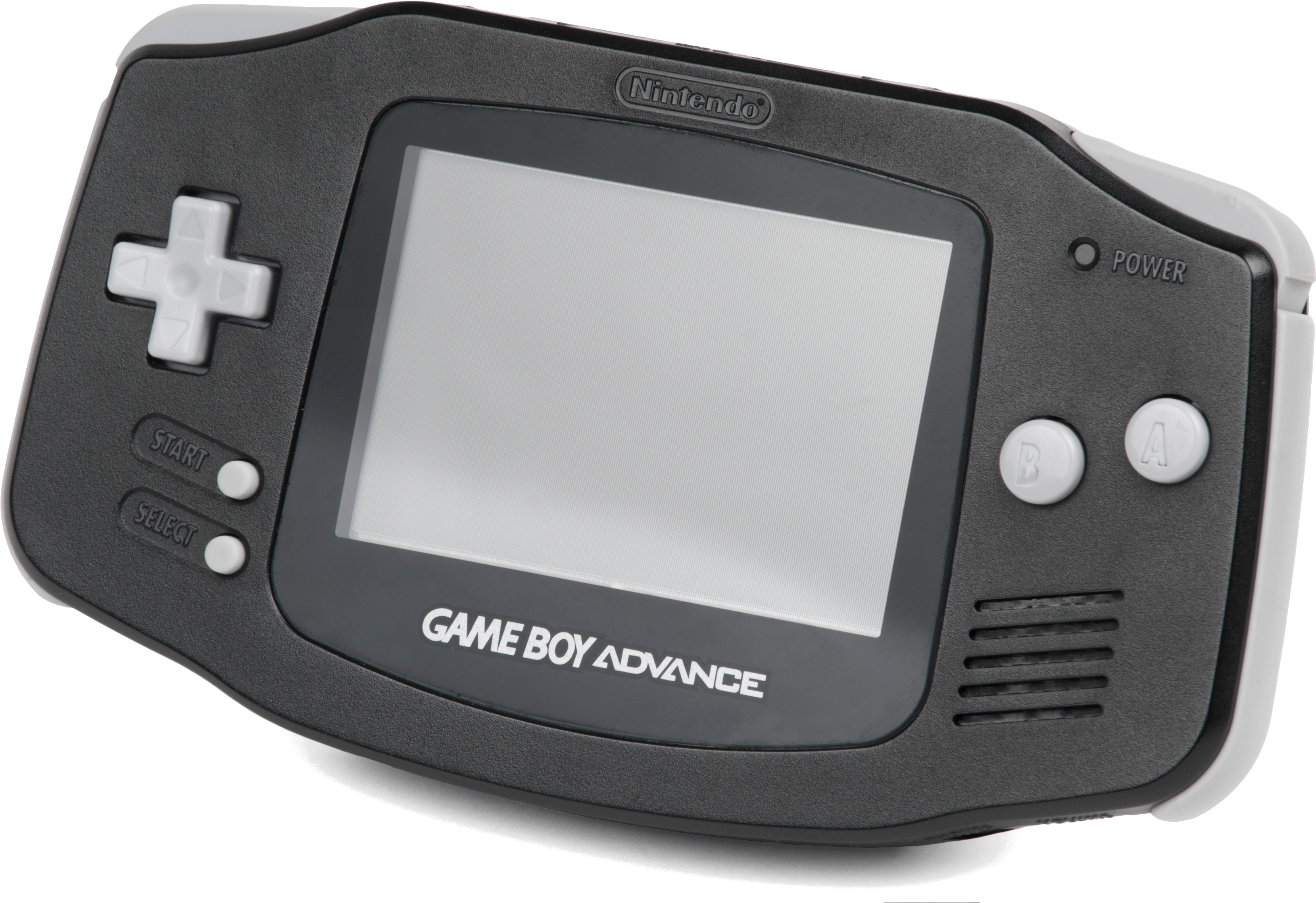 黑色 Game Boy Advance 機型 壁紙 — 一部時尚的黑白Nintendo Game Boy Advance主機，傾斜放置在潔白的背景上。