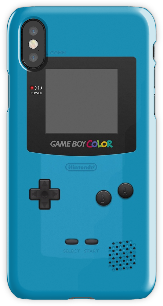 Game Boy Color手機殼設計 壁紙 — 藍色 Game Boy Color 設計覆蓋一部帶有雙鏡頭和逼真按鈕細節的智能手機。