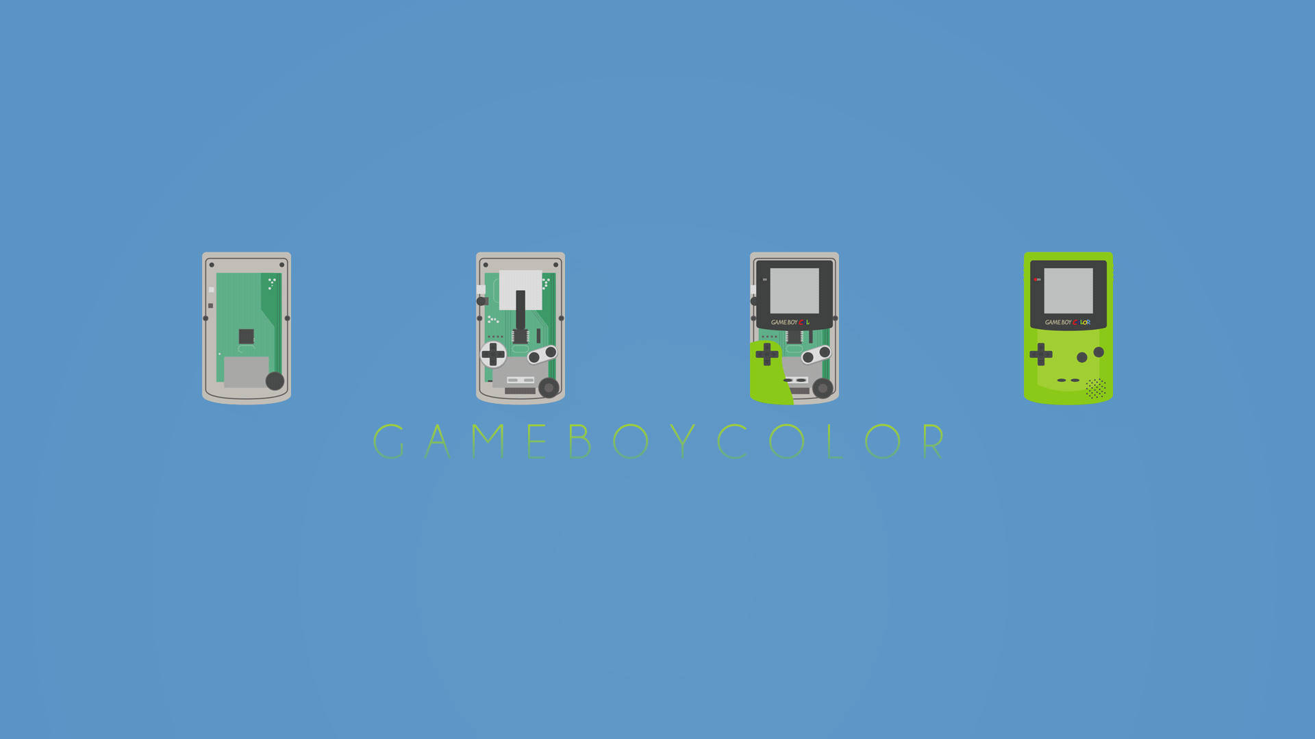Game Boy Color 分步製作圖 壁紙 — 四部處於不同拆卸狀態的Game Boy Color主機漂浮在純藍色背景上，下方有品牌名稱。