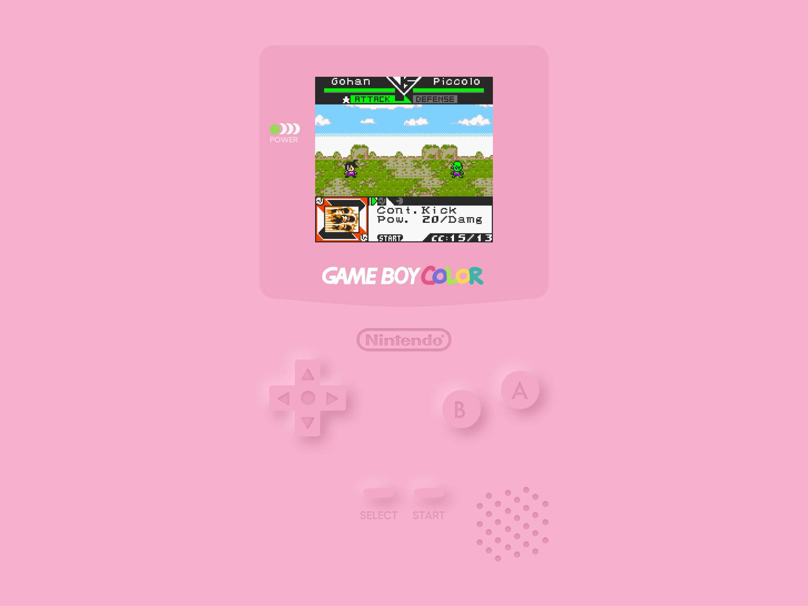 Game Boy Color 遊玩《龍珠Z》 壁紙 — 一部粉紅色 Game Boy Color 顯示出像素化的龍珠戰鬥，悟空和比克在藍天下的草地上對戰。