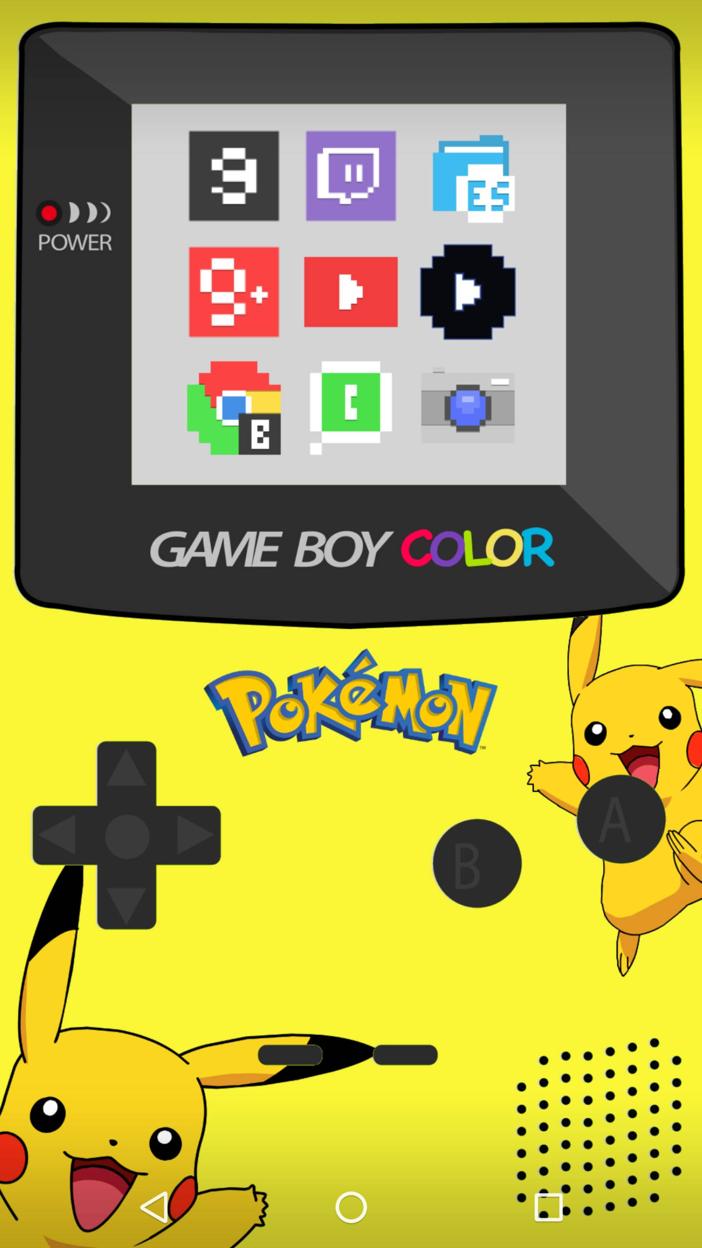 Game Boy Color皮卡丘版 壁紙 — 一部亮黃色的Game Boy Color，螢幕上有比卡超角色和像素化應用程式網格。