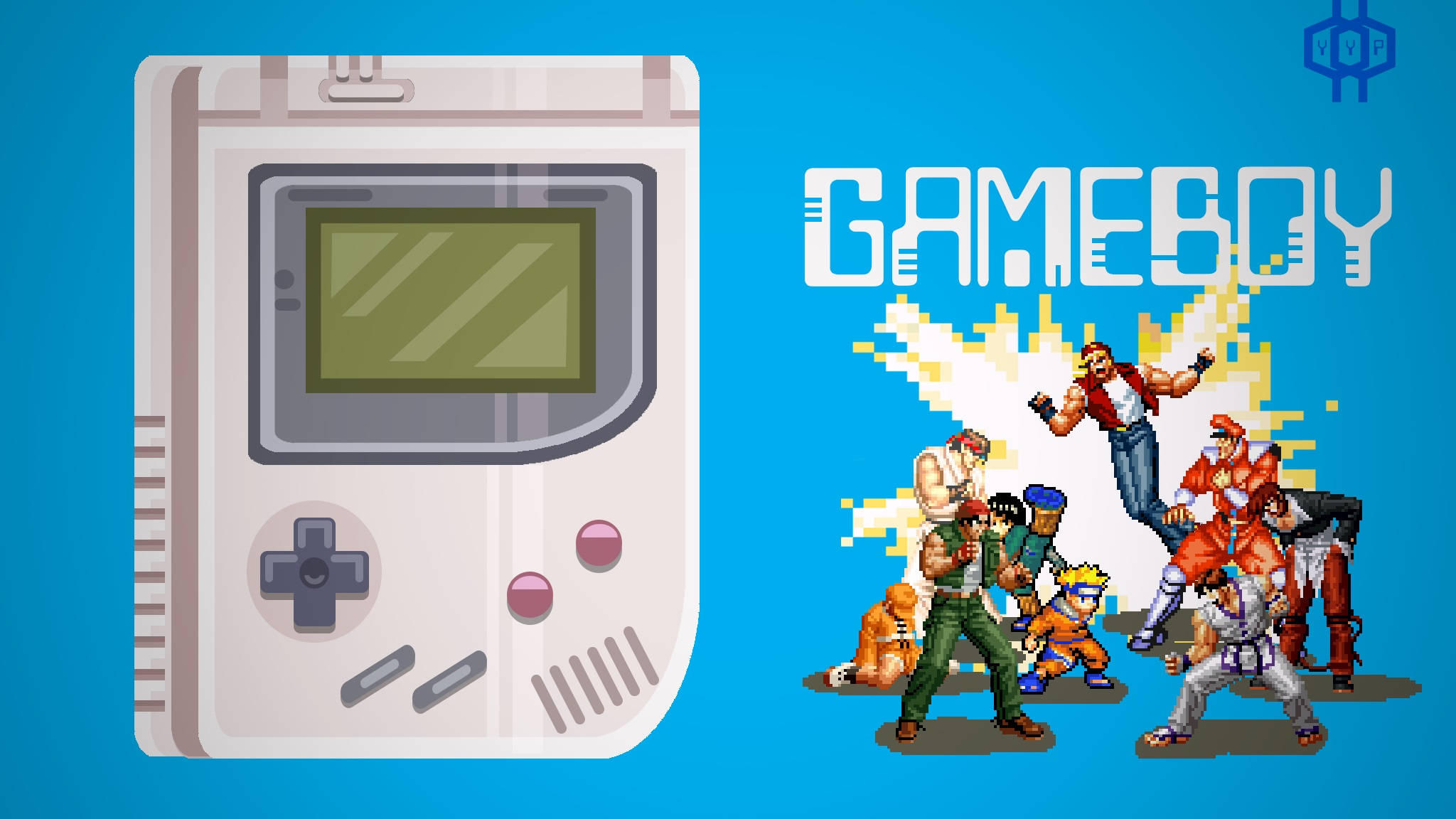 Game Boy 與遊戲角色的數位藝術 壁紙 — 一部復古 Game Boy 主機旁邊有從亮藍色背景爆發出來的像素化格鬥遊戲角色。
