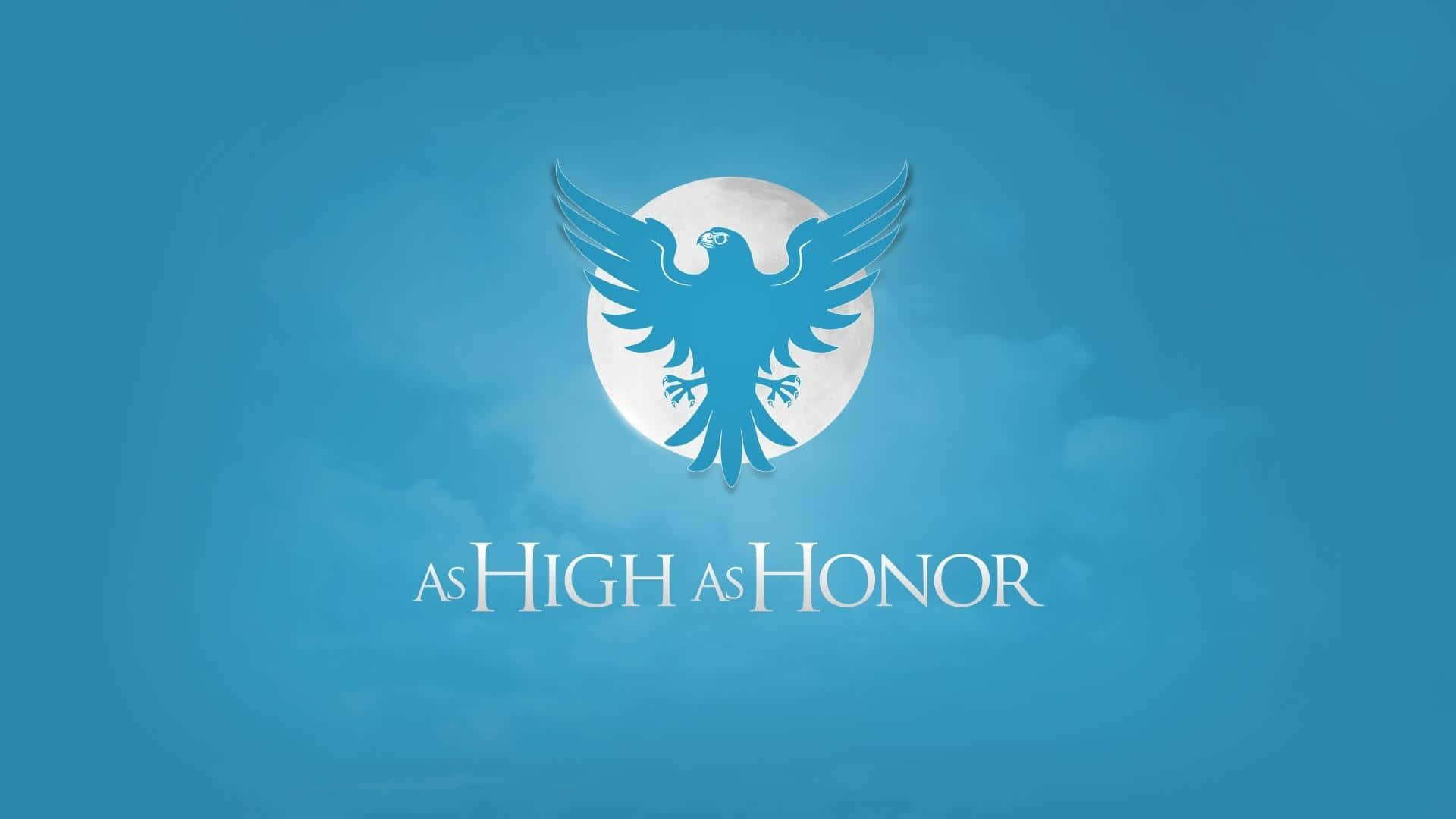 藍色鷹標誌，翅膀展開在白色圓圈上，藍色背景上寫有「As High As Honor」。
