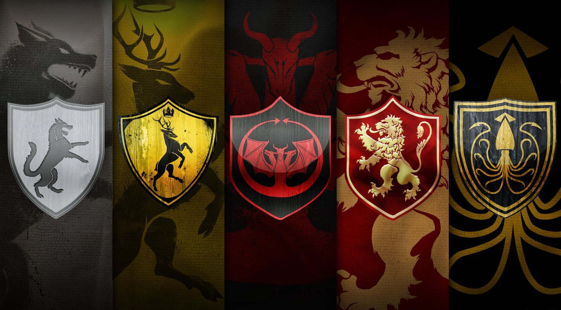 五個奇幻家族紋章，在紋理盾牌上有狼、鹿、公牛、獅子和章魚。