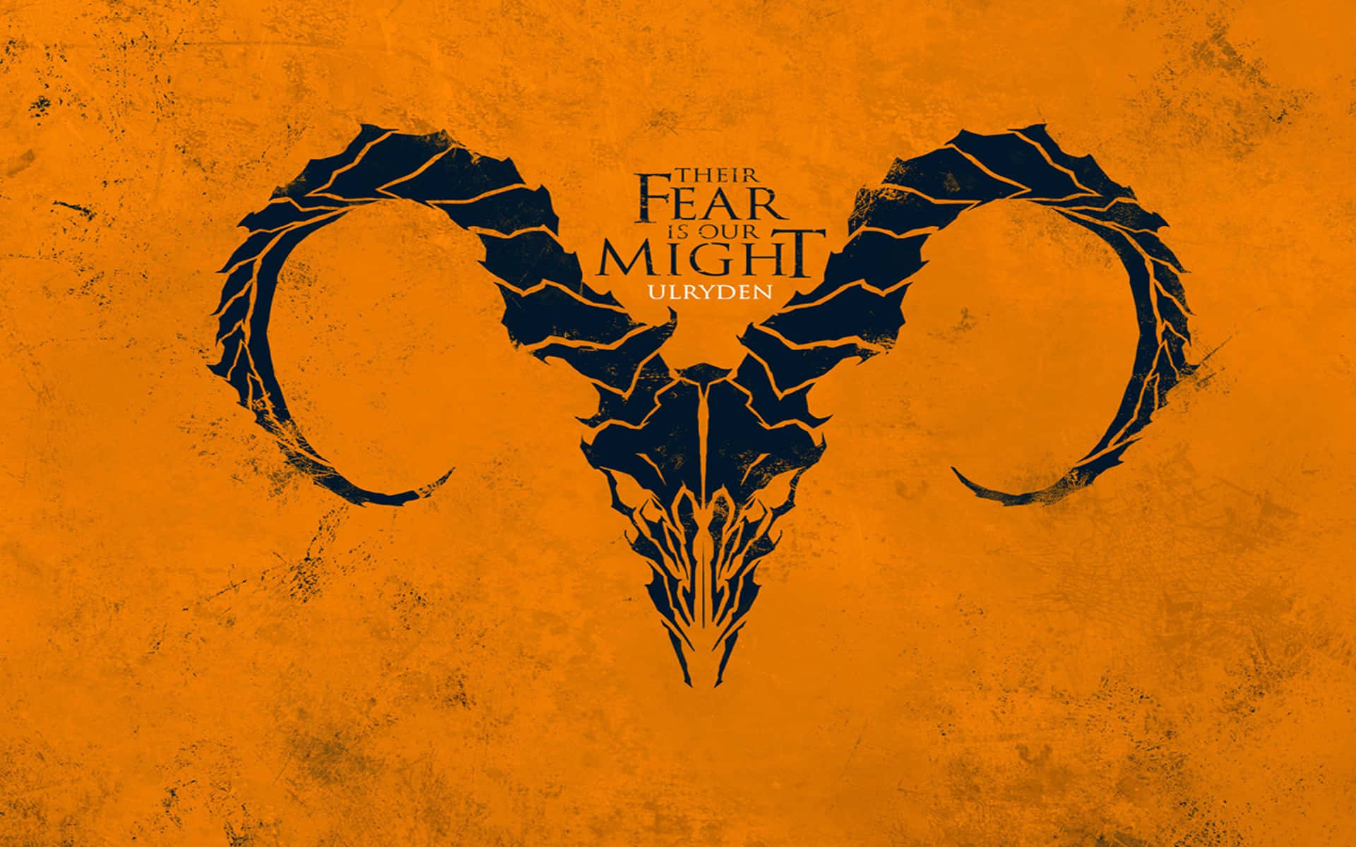 黑色公羊頭骨標誌，帶有文字 their fear is our might ulryden，在橙色背景上