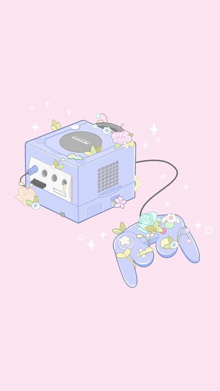 紫色 GameCube 控制器圖形藝術 壁紙 — 柔軟粉紅色背景上，裝飾著花朵和閃光的粉藍色GameCube主機和控制器。