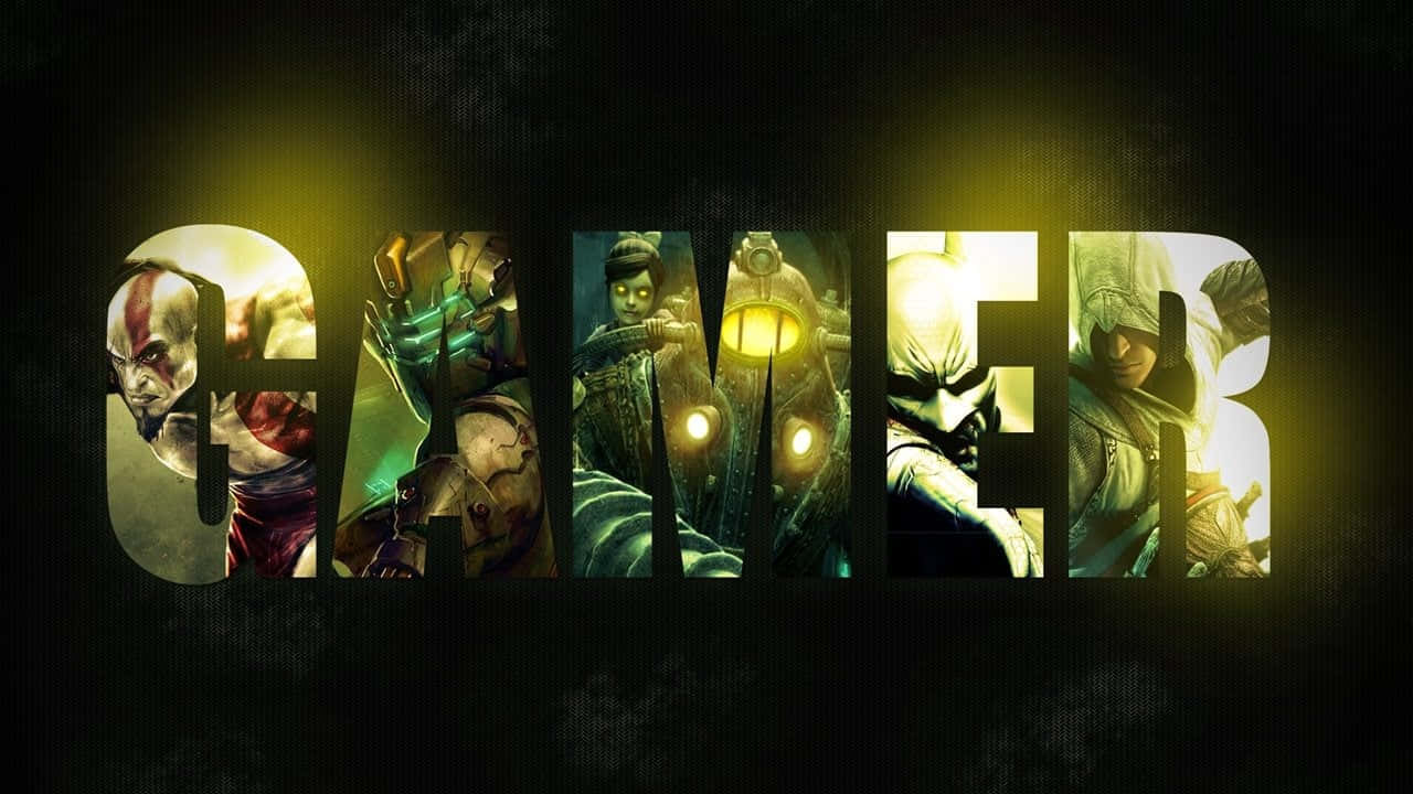 Cool Gaming 桌布 壁紙 — 「GAMER」一詞閃耀著金色光芒，每個字母都展現出標誌性電子遊戲角色的戲劇性姿勢。