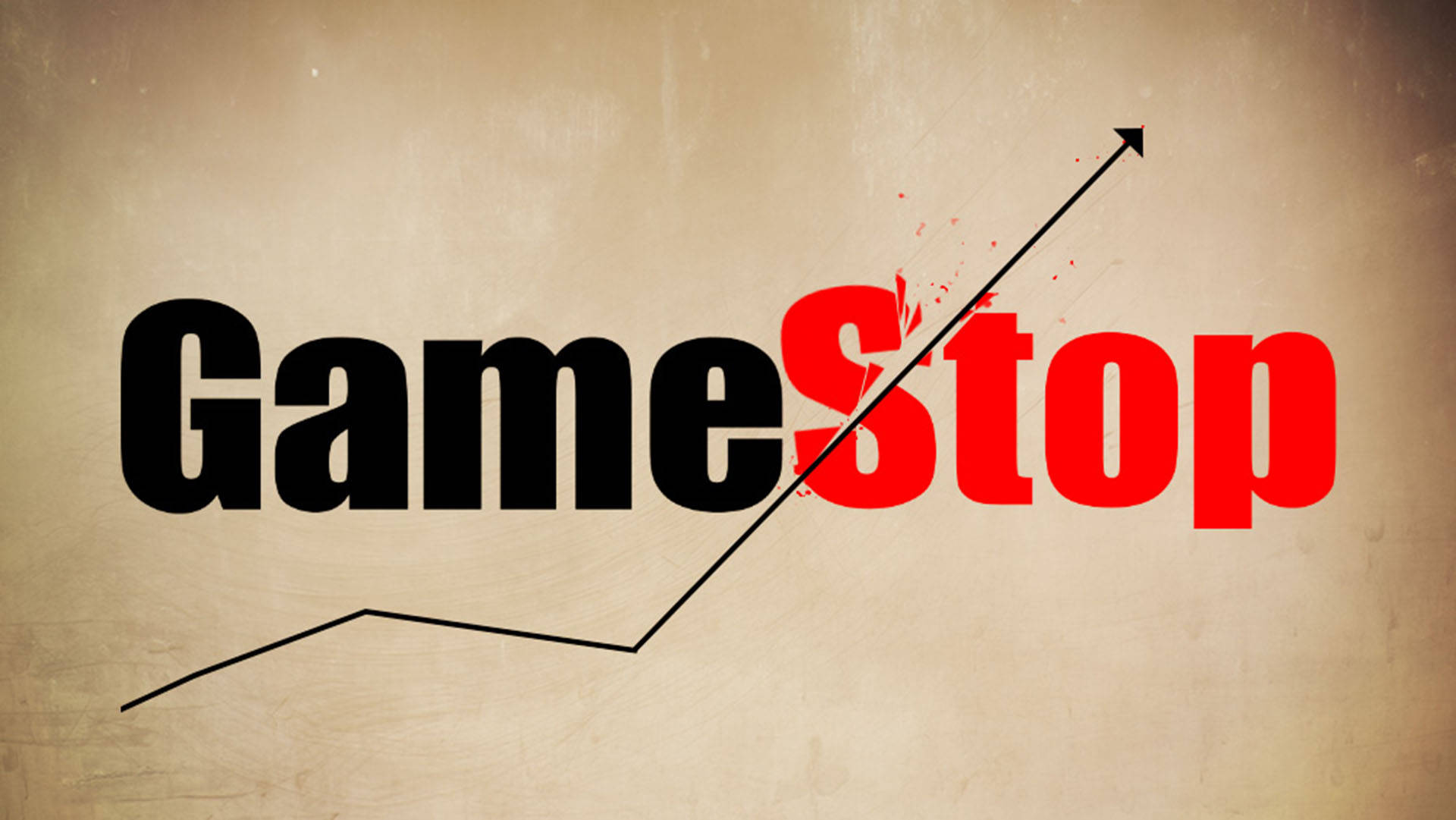 GameStop上升黑色箭頭 壁紙 — 在紋理米色背景上，由上升箭頭分隔的粗體黑色和紅色GameStop文字。