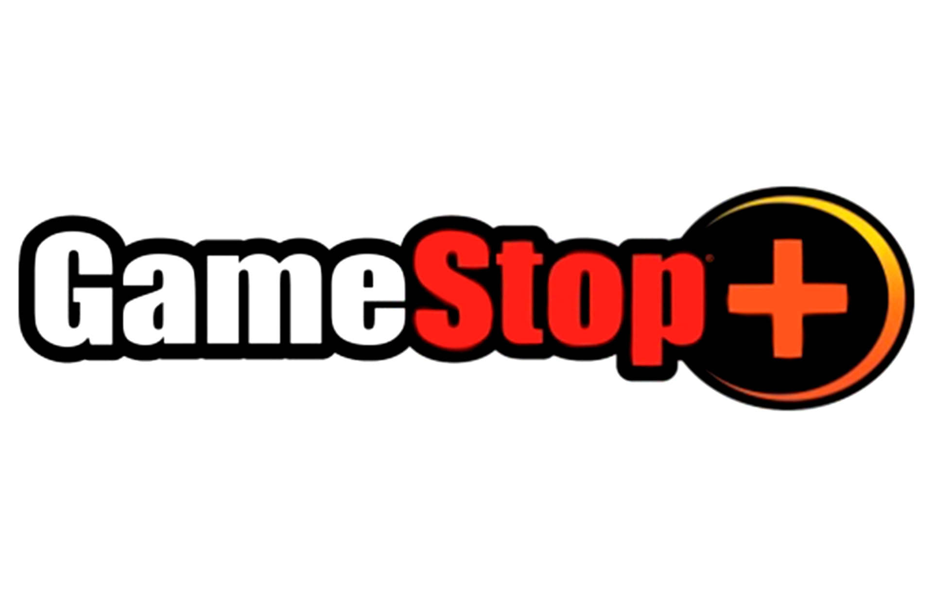 GameStop標誌加號 壁紙 — GameStop Plus 標誌，白色背景上有粗體白色和紅色文字，以及一個帶有橙色加號的黑色圓圈。