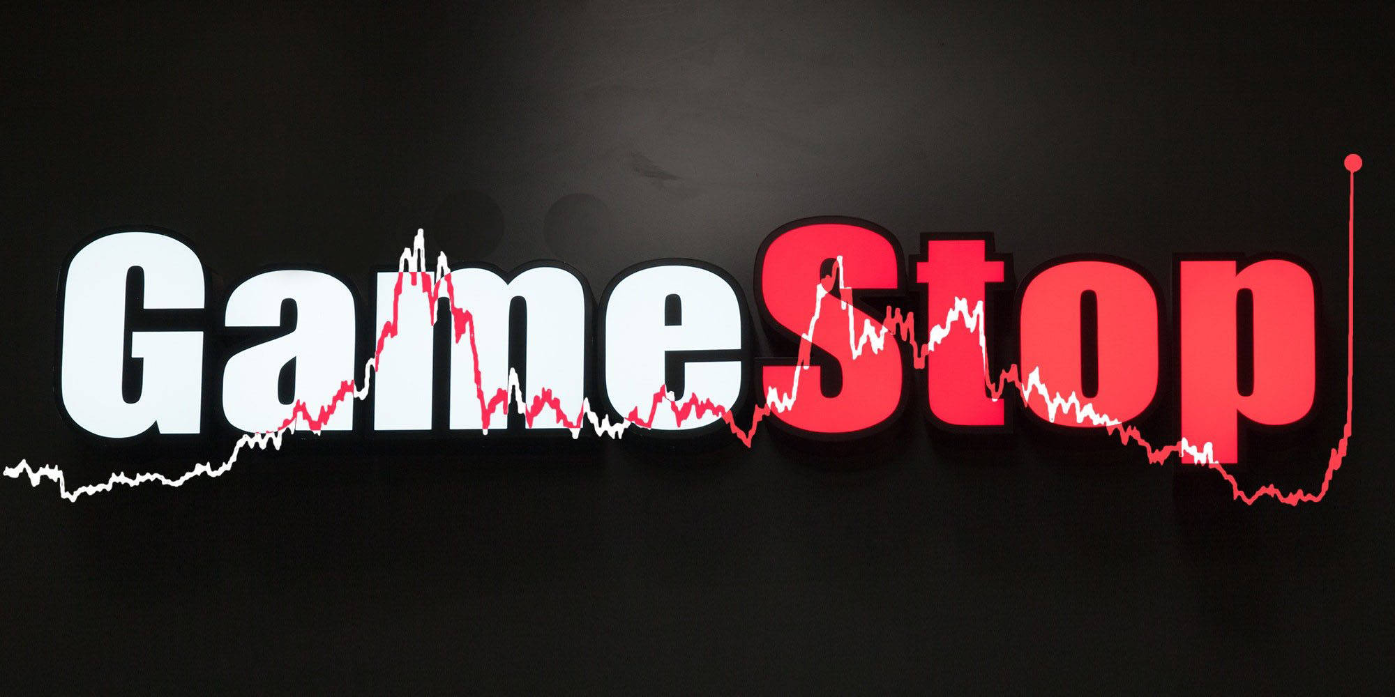 GameStop 白紅圖表設計 壁紙 — GameStop 標誌，紅色和白色的股票圖表線條穿過字母，背景為深色。