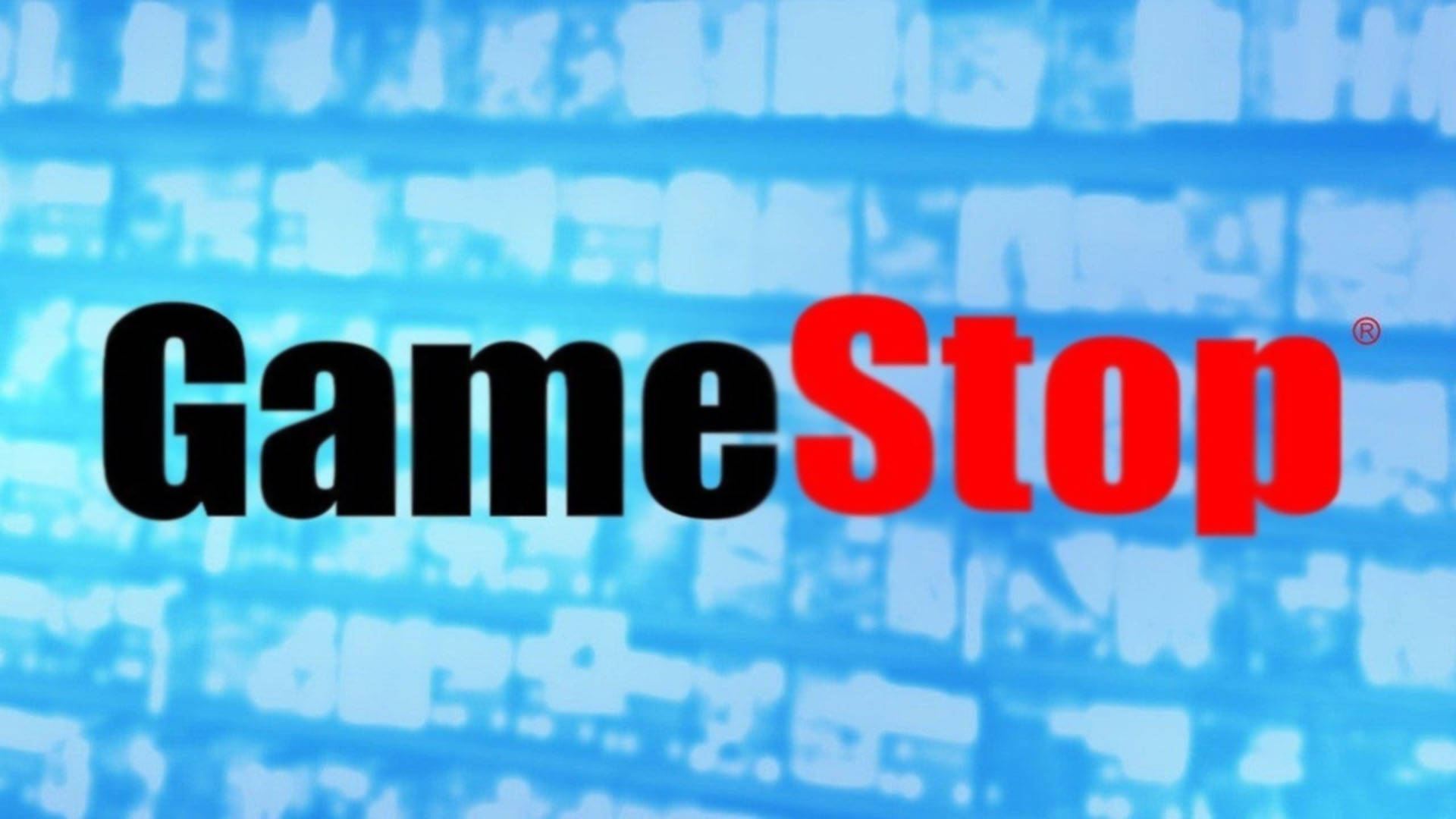 GameStop 浅藍模糊陳列設計 壁紙 — GameStop 標誌以粗體黑色和紅色文字居中，背景為模糊的藍色數位背景。