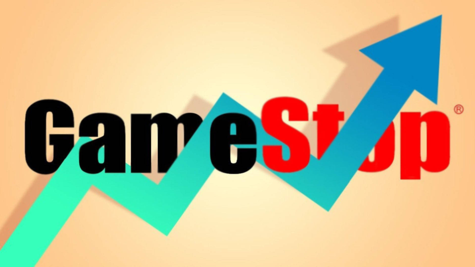 GameStop標誌與箭頭圖表 壁紙 — GameStop 標誌疊加在溫暖漸變背景上的粗體藍色向上箭頭。