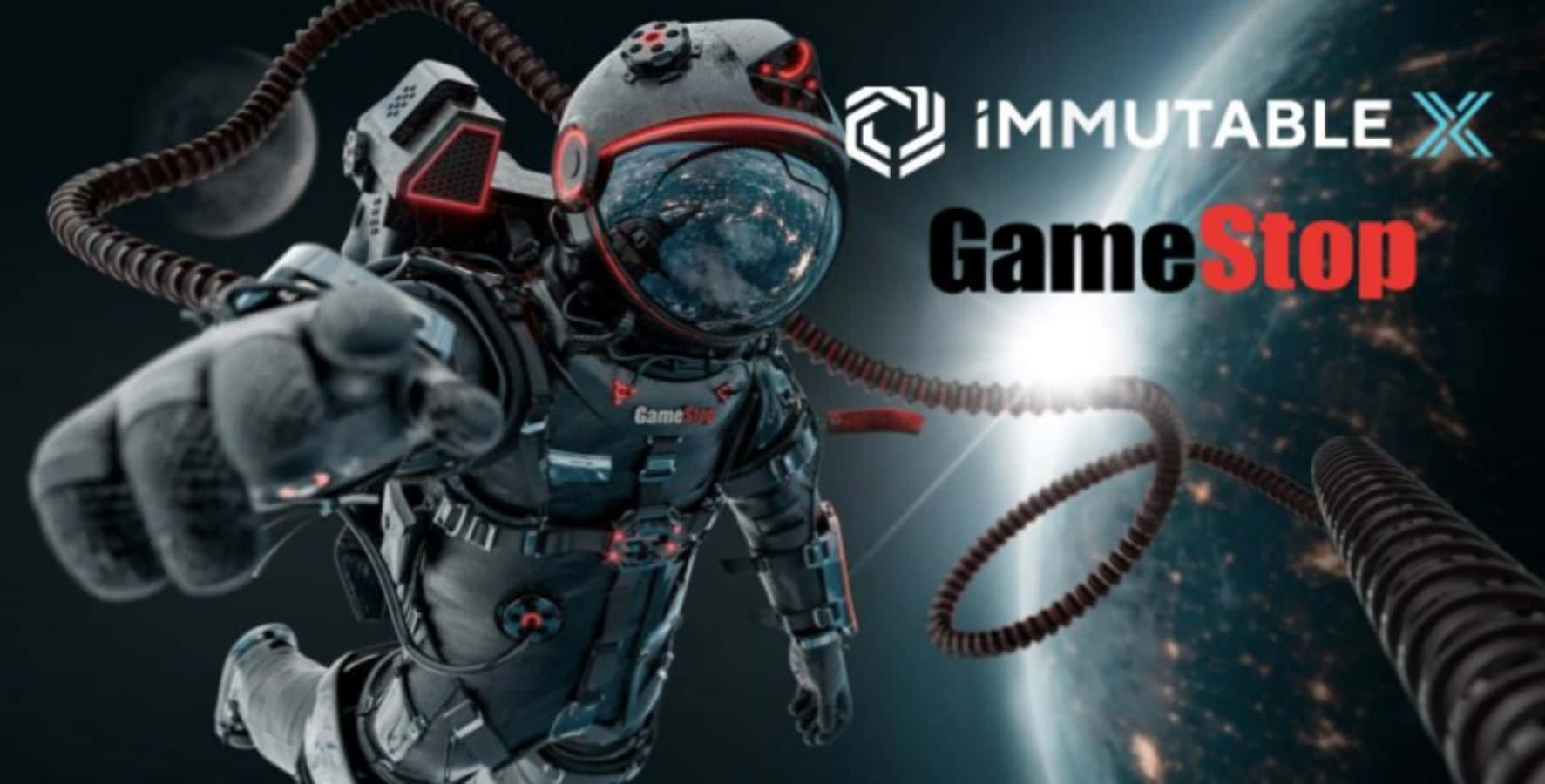 在Gamestop開啟樂趣。 壁紙 — 一名身穿黑色帶紅色點綴太空衣的太空人漂浮在太空中，手指向前方，身後是地球和星星。