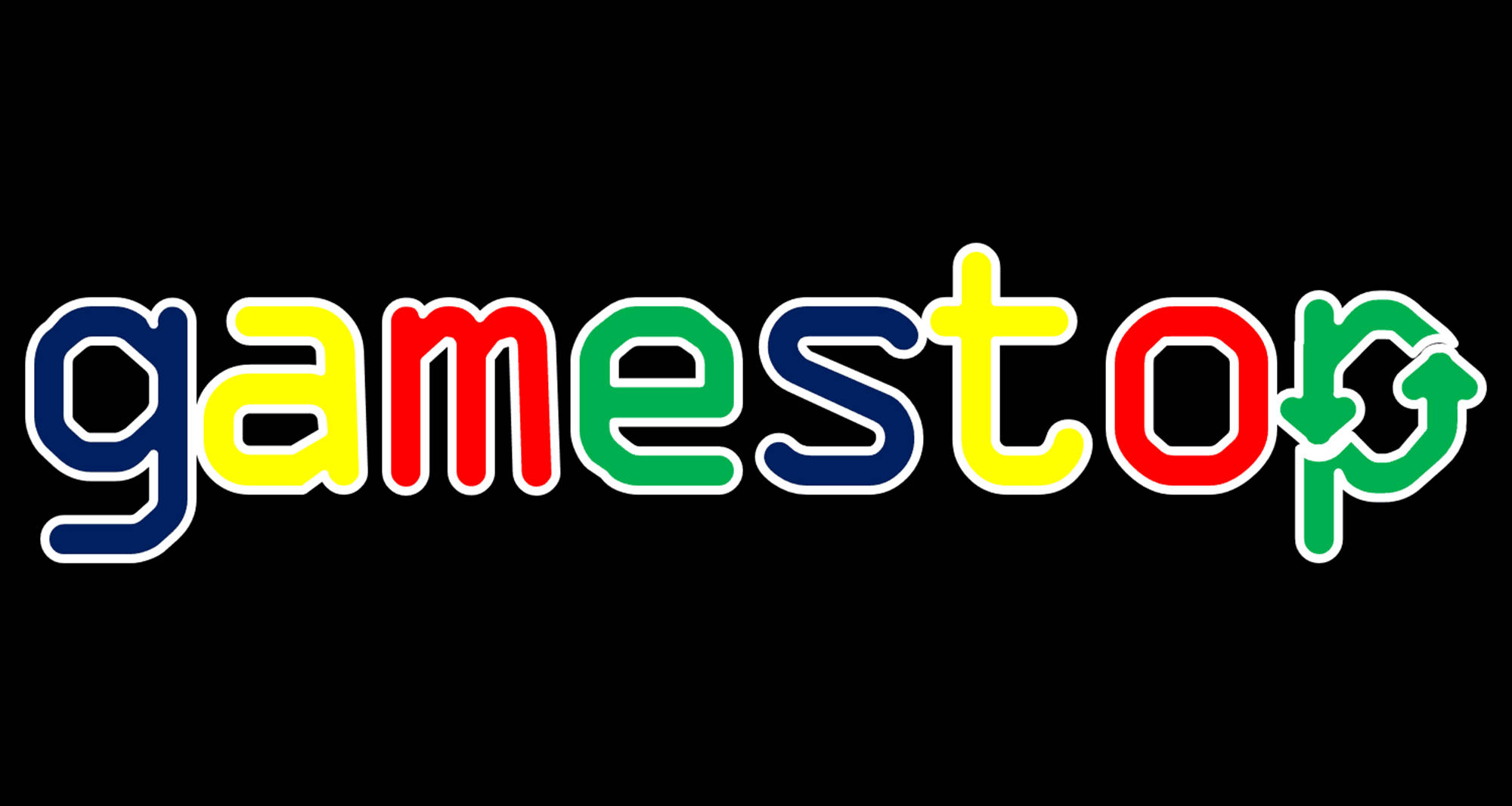 彩色 GameStop 標誌 壁紙 — 色彩繽紛的GameStop標誌，帶有彩虹色字母和綠色箭頭，背景為黑色。