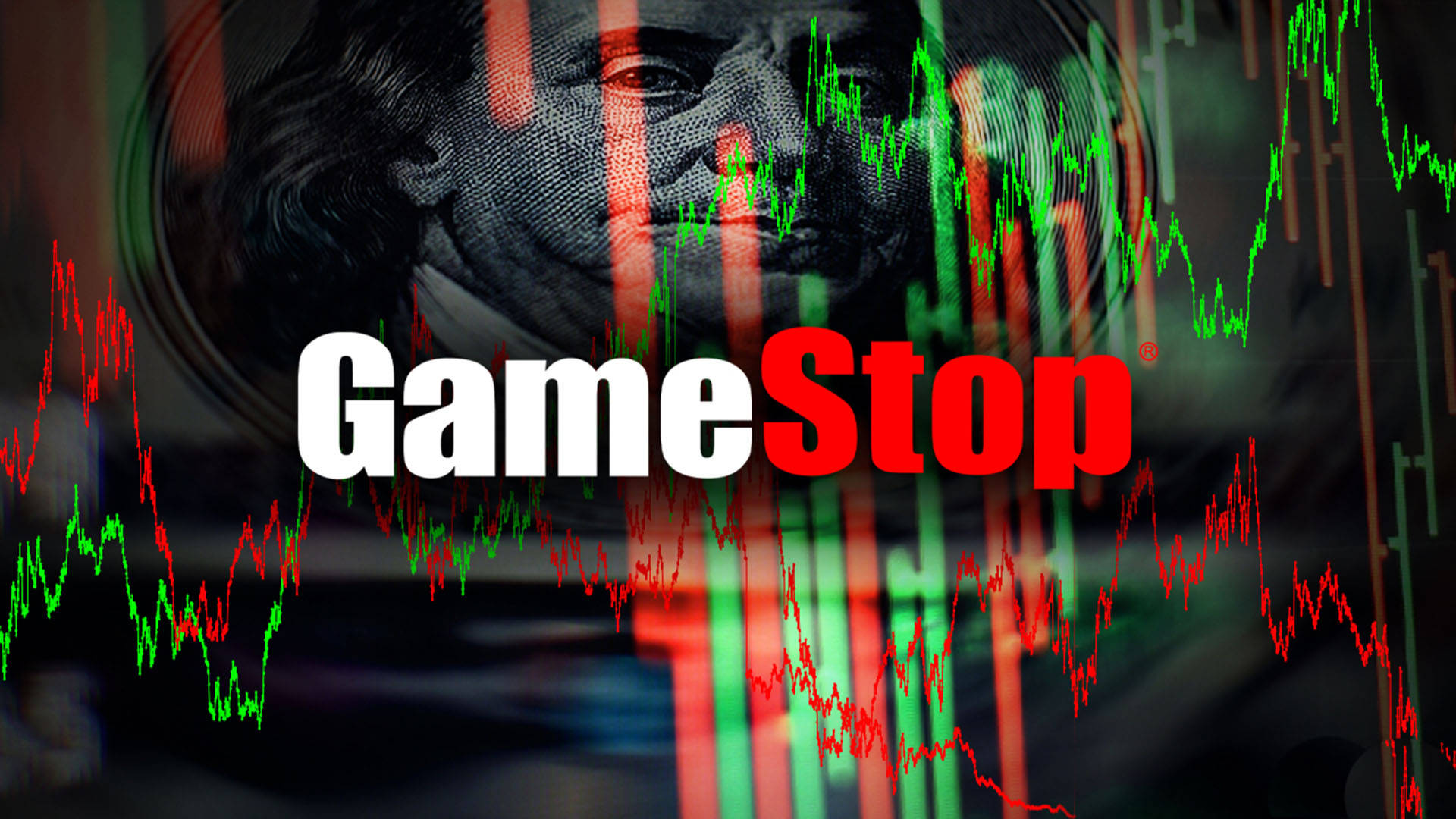 GameStop綠紅圖表 壁紙 — GameStop 標誌疊加在股市圖表上，背景是褪色的喬治·華盛頓肖像。