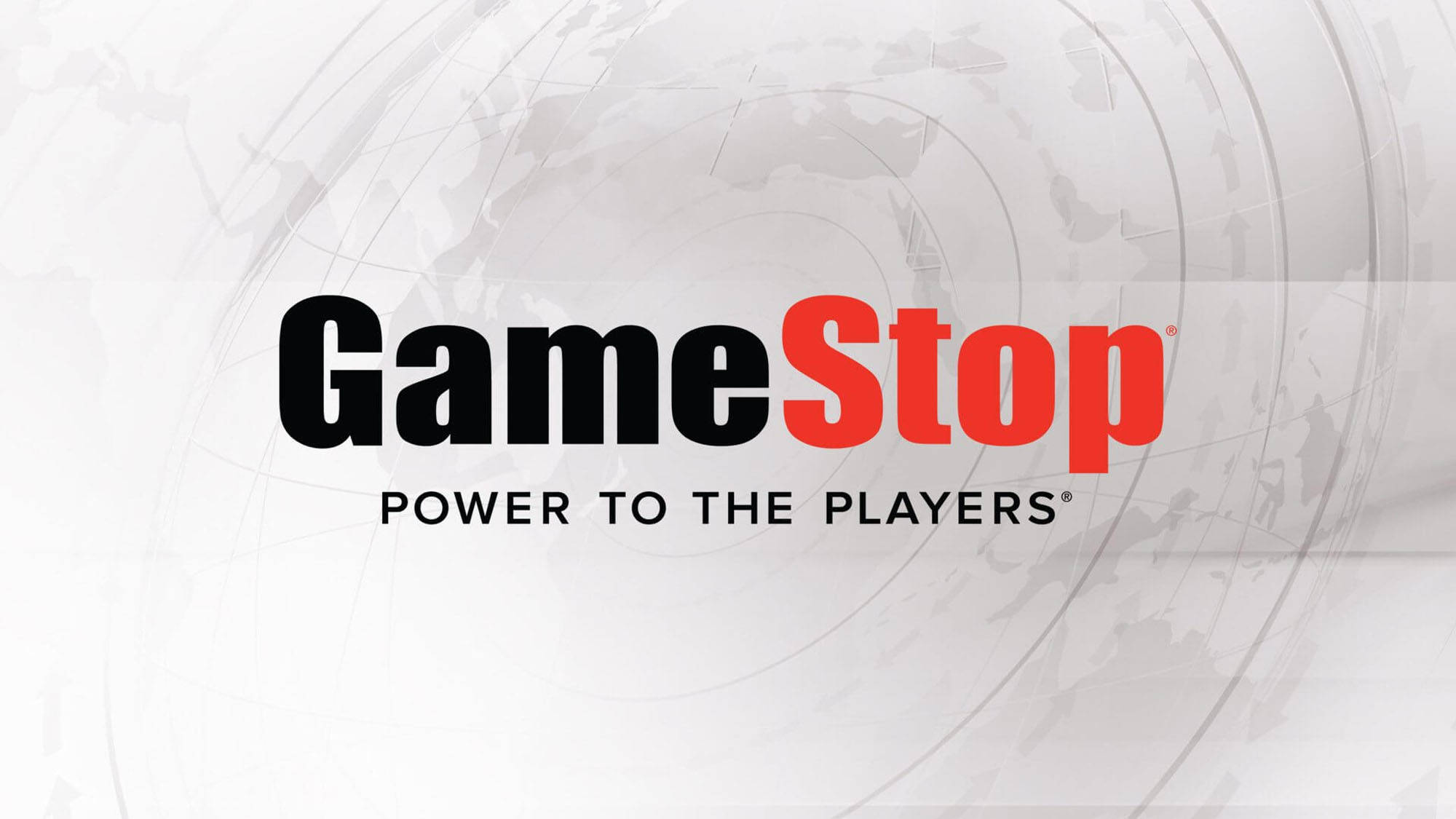 GameStop 全球藝術設計 壁紙 — GameStop 標誌以粗體黑色和紅色文字呈現，背景為褪色的地球圖案，帶有漩渦線條。