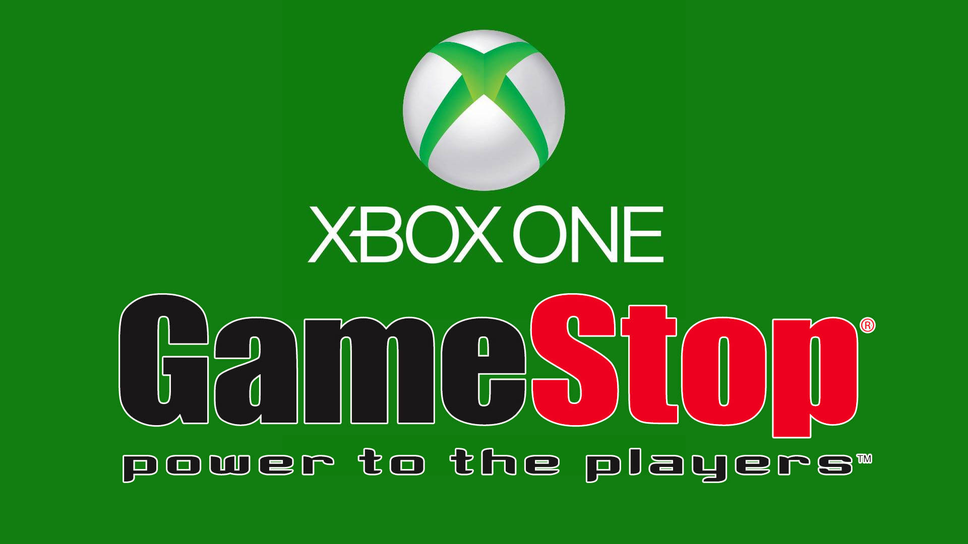 GameStop 與 Xbox One 設計 壁紙 — Xbox One 標誌和 GameStop 標誌，附有標語，置於純綠色背景上。